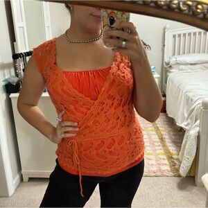 Vintage Y2K Wrap M Say What Orange Open Knit Topper Cap Sleeve Tie Front Bow